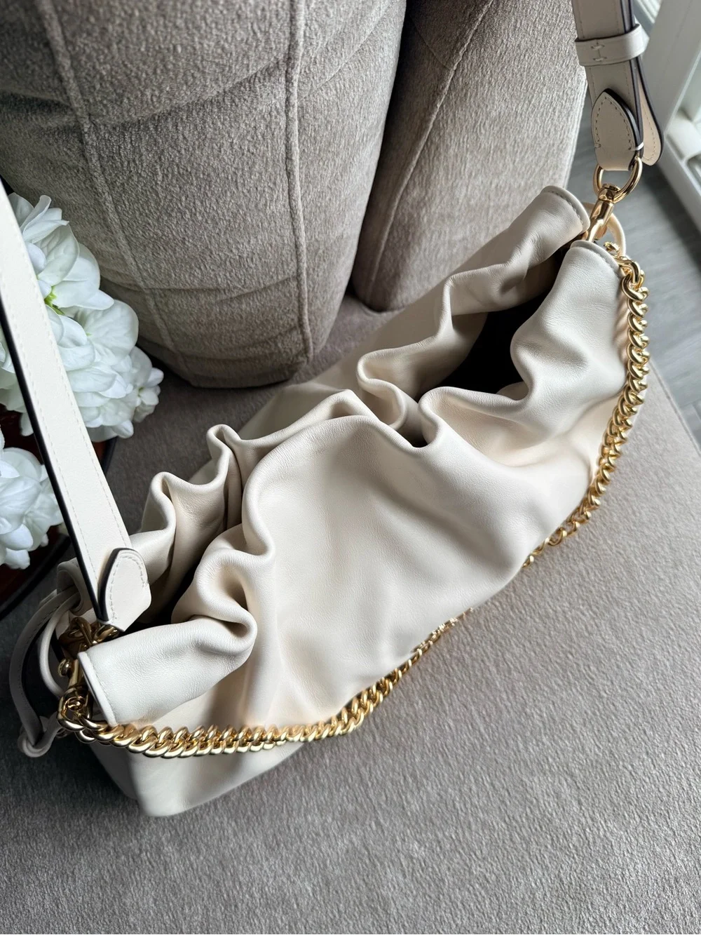 Coach Large Faye Bag Soft Leather Shoulder Bag in Chalk with Gold Chain